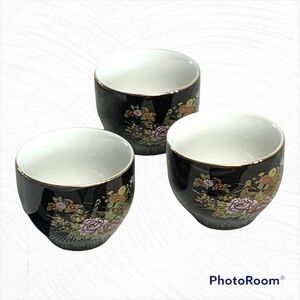 3 Vintage MCI Porcelain Floral Peacocks Sake/Teacups w Gold Rims